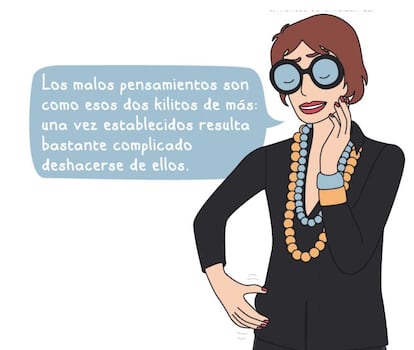 <p>Cínicas y escépticas de la teoría de la felicidad. "No existe", dice con rotundidad Córcoles, y Taboada pone un ejemplo. "El otro día estábamos haciendo una viñeta con la pregunta ¿qué me voy a poner hoy? y pensamos en 'ponte una sonrisa' y luego nosotras mismas pensamos que era una tontería y decidimos cambiarlo por 'ponte el despertador siete veces'. Es mucho más real".</p> <p>Ambas han dejado su esencia, la parodia de casi todo, en un libro que trata temas mil veces tratados, pero desde un ángulo distinto. "La actitud ante la vida, y no con frases como 'tú puedes', pues no, a veces no podemos, pero lo reconocemos y lo compartimos. Eso de mal de muchos consuelo de tontos a veces ayuda. Saber que hay otras 40.000 mujeres que sufren por lo mismo que tú hace un poco menos grave el asunto y aumenta la capacidad de reirse de una misma", argumenta Raquel Córcoles.</p>