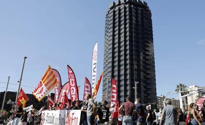 Manifestación de trabajadores de CaixaBank la pasada semana en Barcelona. EFE/Andreu Dalmau.