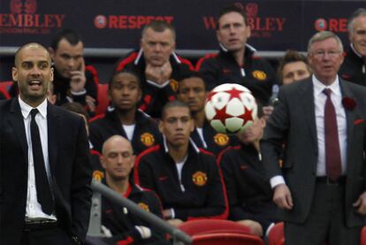 Guardiola y Ferguson, durante la final de Wembley.