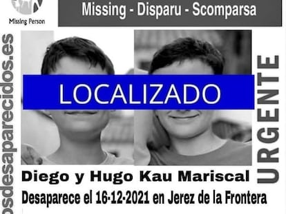 Cartel de SOSDesaparecidos en el que se informa de la aparición de los menores sustraídos por su madre por no quererles poner la vacuna contra la covid.