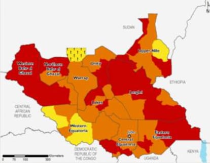Previsión de la situación alimentaria en Sudán del Sur entre febrero y mayo. En amarillo (nivel 2), problemas alimentarios acentuados; en naranja (nivel 3), crisis alimentaria; en rojo (nivel 4, el anterior a la hambruna), emergencia alimentaria.