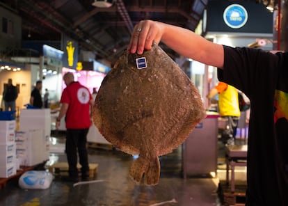 Un comerciante de uno de los 156 puestos de pescadería sostiene un rodaballo, que no fue pescado, sino criado. Proviene de la acuicultura, un modelo de producción en granjas que ya representa el 50 % que se consume en España. Además de garantizar un suministro constante durante todo el año, permite planificar la oferta y evita la producción de excedentes.