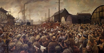 Obra del pintor Isaak Brodsky en la que se ve a Lenin dirigiéndose a los trabajadores de las fábricas Putílov, en 1917.