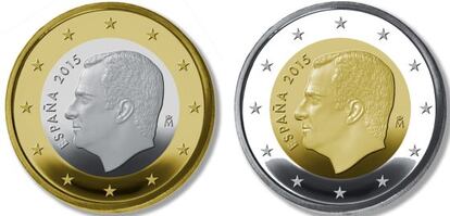 One-euro and two-euro coins with the image of King Felipe VI.