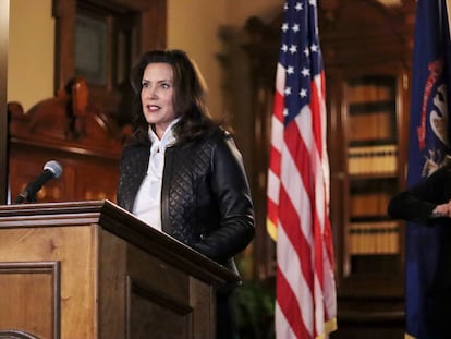 La gobernadora de Michigan, Gretchen Whitmer, en un acto en Lansing, el octubre de 2021.