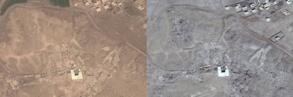 Vistas aéreas del yacimiento de Mari (Siria), del III milenio antes de Cristo, en 2011 (izquierda) y 2015 (derecha, donde se aprecian cientos de puntos negros, los boquetes abiertos por los saqueadores.