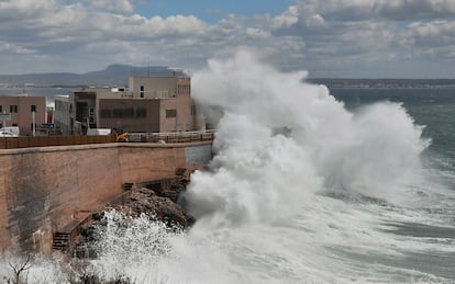 Las olas rompen en el dique del oeste y pasan por encima de la escuela naútica, el miércoles en Palma (Mallorca).