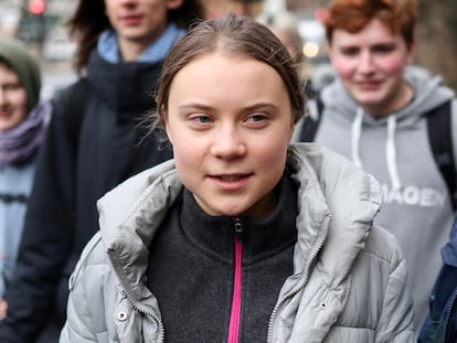 Swedish climate change activist Greta Thunberg looks on during a break outside Westminster Magistrates' Court in London, Britain, February 02, 2024.