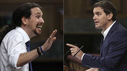 Los diputados Pablo Iglesias y Albert Rivera en sus intervenciones.