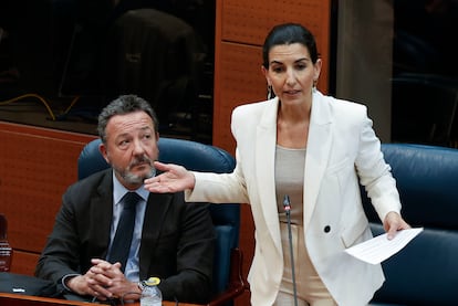 El diputado Íñigo Henriquez de Luna, y la portavoz de Vox, Rocío Monasterio, en un pleno de la Asamblea.