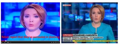 La presentadora de Life News dando una noticia falsa sobre la caída de un avión en Ucrania.
