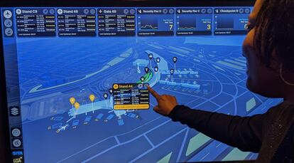 Monitorización de un aeropuerto con información en tiempo real sobre vuelos, pasajeros o tiempos de espera.