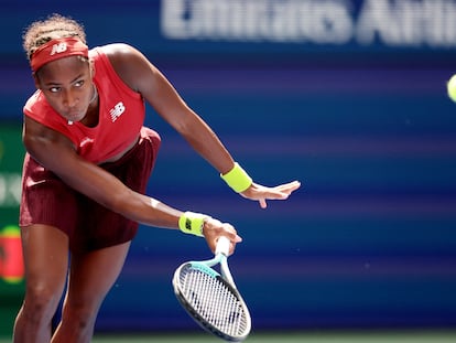 Coco Gauff in action during her quarter final match against Latvia's Jelena Ostapenko.