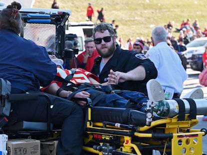 Fans receive medical assistance after shots were fired after the celebration of the Kansas City Chiefs winning Super Bowl LVIII. Kansas City, MO. Feb 14, 2024.