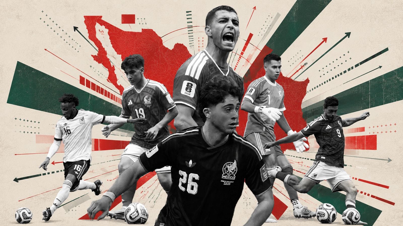 De izquierda a derecha Julián Quiñones, Gilberto Mora, Erik Lira, Brian Gutiérrez, Raúl Rangel y Raúl Jiménez.