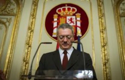 El ministro de Justicia, Alberto Ruiz-Gallardón, durante la rueda de prensa que ofreció el 24 de septiembre en la sede del Ministerio.