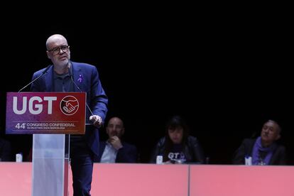 El secretario general de CC OO, Unai Sordo, durante su intervención este lunes en Barcelona.