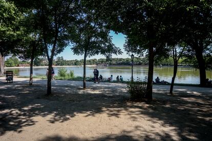 Varias personas sentadas a la orilla del lago de la Casa de Campo, en Madrid, a mediados de agosto.