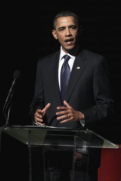 El presidente estadounidense, Barack Obama, dando un discurso en el Kennedy Center.