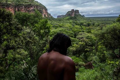 Imagen de archivo de un hombre caminando en una reserva indígena en la Amazonía.