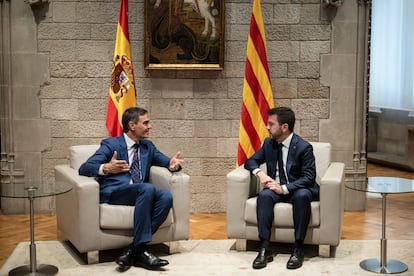 Pedro Sánchez y Pere Aragonès, este miércoles en su reunión en el Palau de la Generalitat de Cataluña. 