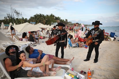 Tourists on Mamitas beach, in Playa del Carmen, Quintana Roo, Mexico, 2021.