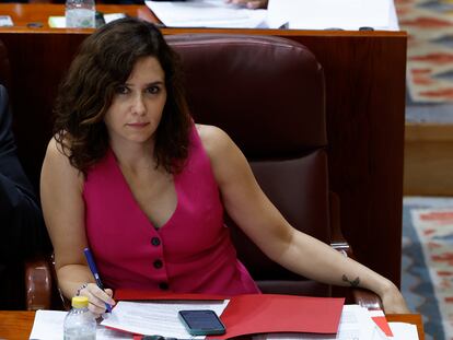 La presidenta de la Comunidad de Madrid, Isabel Díaz Ayuso, el martes, durante el debate del estado de la región.