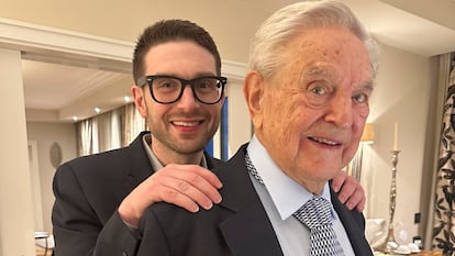 George Soros is seen with his son Alexander, in Munich, Germany