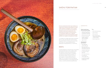 Páginas interiores de El libro del ramen, de Marc Ortiz, que muestran la receta de Shōyu tori paitan (Satori Ediciones).
