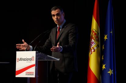 El presidente del Gobierno, Pedro Sánchez, este martes durante la clausura el Congreso Anual de Multinacionales con España, bajo el título 'Una década de expansión ininterrumpida de inversión' en la Fundación Pablo VI en Madrid.