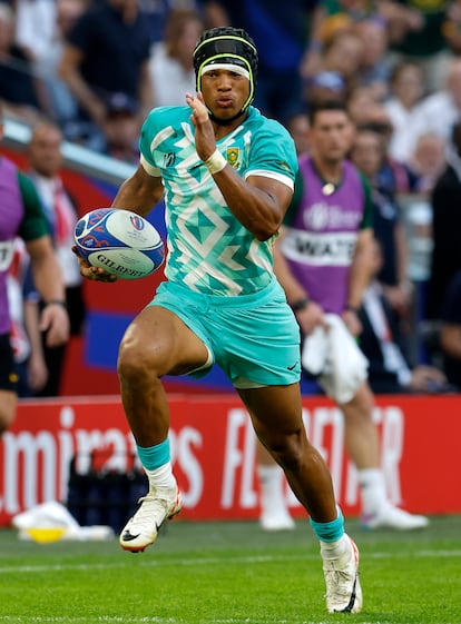 El jugador de rugby sudafricano Kurt-Lee Arendse este domingo durante el partido contra Escocia.