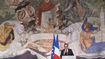 El presidente franc&eacute;s, Fran&ccedil;ois Hollande, durante su intervenci&oacute;n en el Museo de la Historia de la Inmigraci&oacute;n de Par&iacute;s.