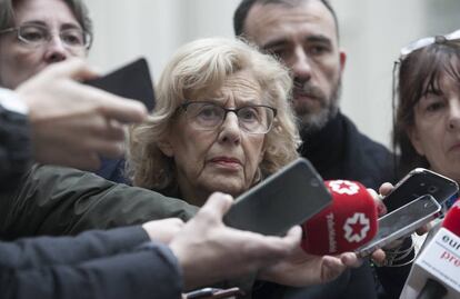 Manuela Carmena, durante su comparecencia de hoy en el Ayuntamiento de Madrid por la muerte de un niño en el Retiro.