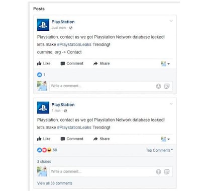 Captura con los mensajes de los "hackers" en la cuenta de Playstation