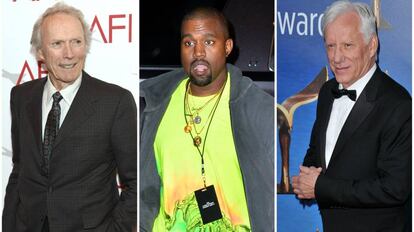 De izquierda a derecha: Clint Eastwood, Kanye West y James Woods.