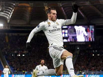 Bale comemora o primeiro gol do Real Madrid contra a Roma, no Olímpico.