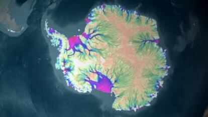 Un mapa de velocidad de las corrientes de hielo antárticas mientras se mueven hacia el océano.