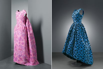 A la izquierda, vestido de noche de 1961. A la derecha, otro diseño de 1957.