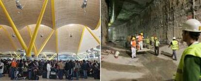 De izquierda a derecha, la terminal T-4 en el Aeropuerto de Barajas y las obras de la línea 2 del Metro de Málaga.