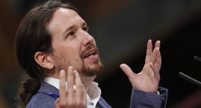 El líder de Podemos, Pablo Iglesias, durante una de sus intervenciones en el debate de la moción de censura.