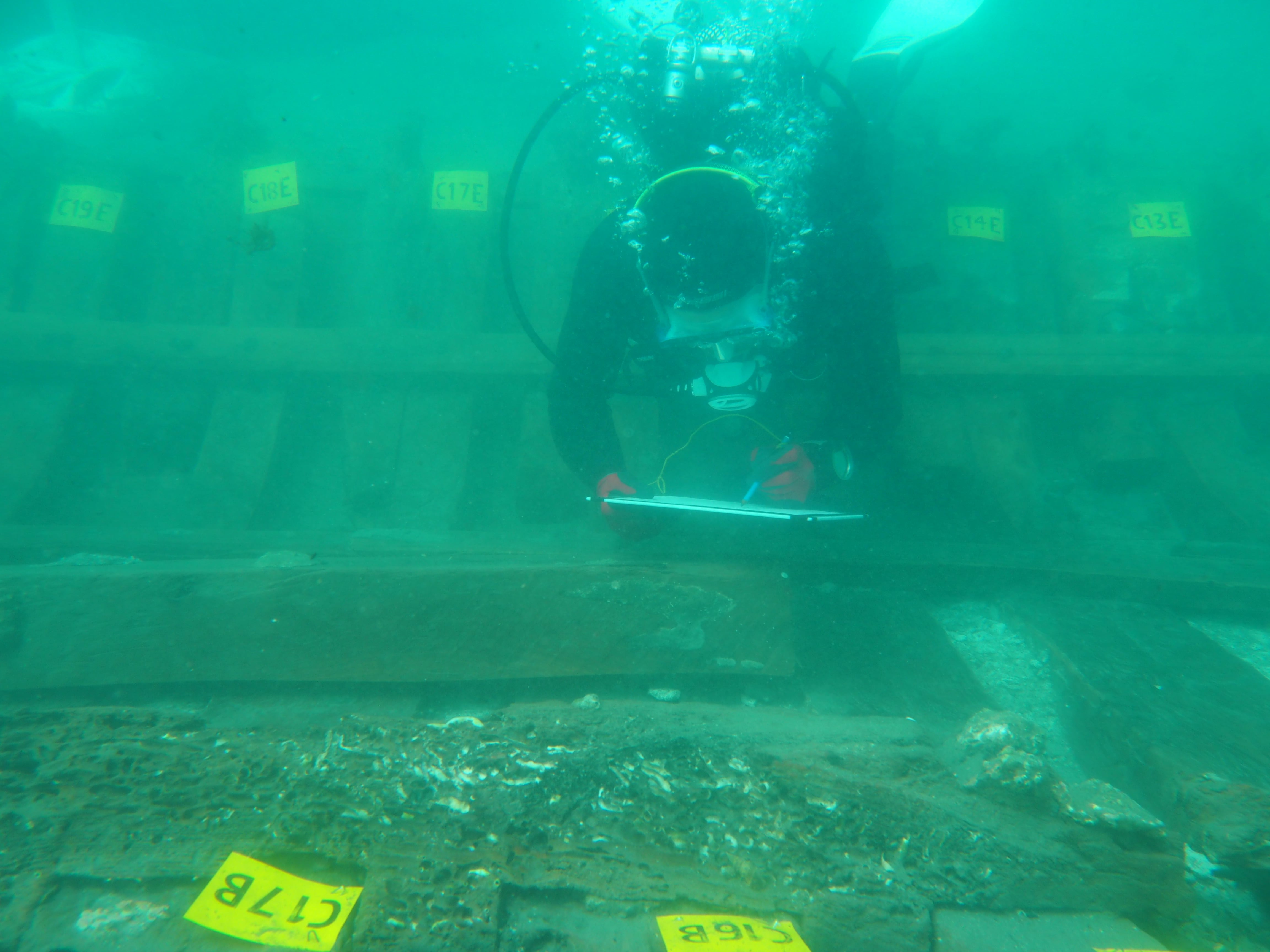 El arqueólogo Nicolás Ciarlo, dibujando bajo el agua uno de los barcos hallados.
