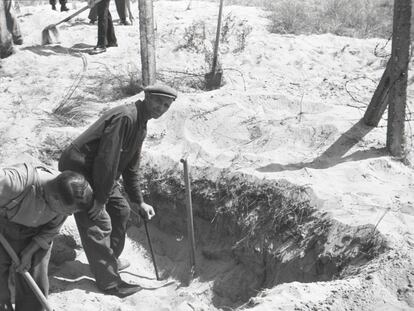 Piet Kuijt, con gorra y apoyado en una pala, trabaja en una exhumación. NIOD