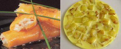 Canelones de mango para enfermos con dificultades para tragar (a la izquierda) y tortilla de patatas sin huevo para fenilcetonúricos.
 / fundación alicia