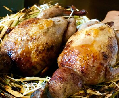 CODORNICES RECIEN ASADAS, SE SIRVEN CON BERENJENAS, MISO Y PEREJIL / CAPEL