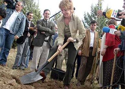 Esperanza Aguirre planta un árbol en un centro de interpretación de la naturaleza de Manzanares el Real.