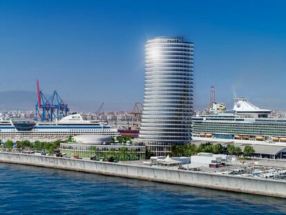 Recreación del hotel Torre del Puerto, en el dique de Levante de Málaga.