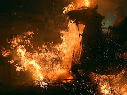 Un jinete salta una hoguera en San Bartolomé de Pinares (Ávila).