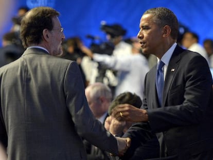 Foto del encuentro de Rajoy y Obama durante la cumbre del  G-20 en Los Cabos (M&euml;xico), en junio pasado.