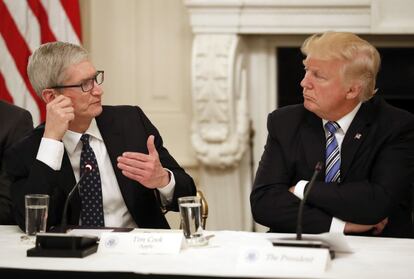 Tim Cook, consejero delegado de Apple, habla con Trump durante una mesa redonda celebrada en la Casa Blanca sobre tecnología estadounidense, el pasado 19 de junio.