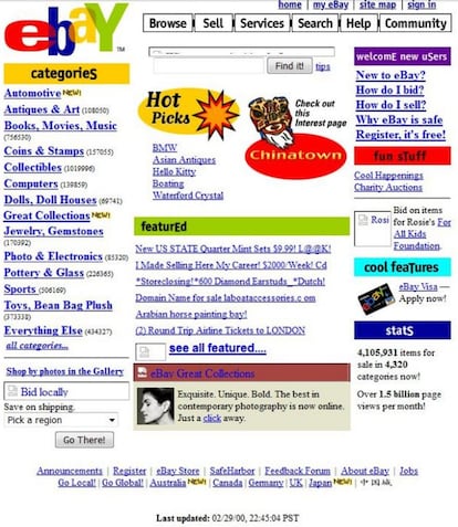 La página de subastas eBay se fundó en 1995, pero la primera captura de pantalla registrada en Way Back Machine se remonta solo al 29 de febrero del año 2000. A pesar de su juventud, en ese momento ya contaba con millones de productos sacados a subasta clasificados en miles de categorías. La página era básicamente un buscador y un listado de enlaces. 15 años después, las fotos se han adueñado de la portada de eBay y la navegación se ha vuelto mucho más intuitiva.